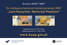 plakat reklamujący konkurs - zawiera zdjęcie banknotu NBP, tytuł konkursu, terminy, adres strony KSAP