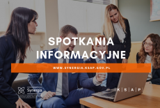 pięć osób siedzi na kanapach, patrzą w laptop stojący przed nimi na stole, dyskutują. Na te zdjęcia napis: spotkania informacyjne, www.synergia.ksap.gov.pl