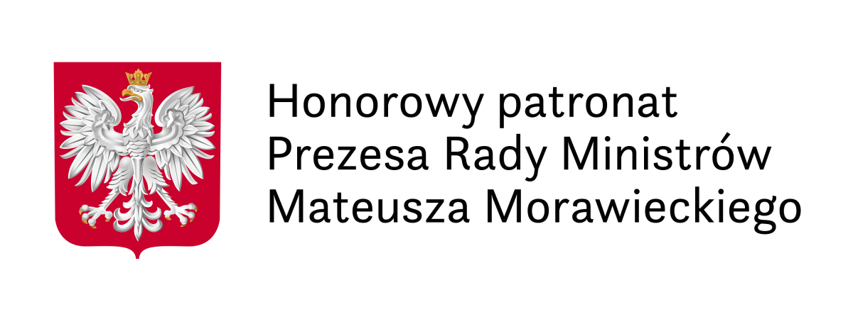 logo patronatu Premiera: z lewej strony na czerwonej tarczy biały orzeł w koronie, z prawej napis: Honorowy patronat Prezesa Rady Ministrów Mateusza Morawieckiego